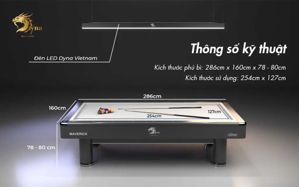Thông số kỹ thuật của bàn bida líp Dyna Maverick