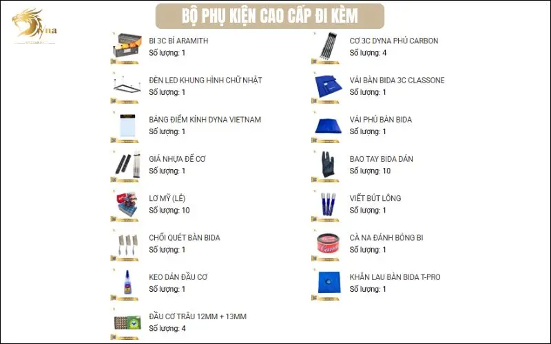 Trọn bộ phụ kiện cao cấp khi mua bàn bida DYNA ELITE V1 chính hãng