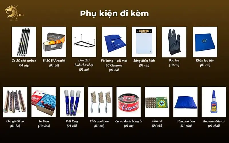 Bộ phụ kiện đi kèm khi mua bàn bida DYNA ELITE V2 | Dyna Vietnam