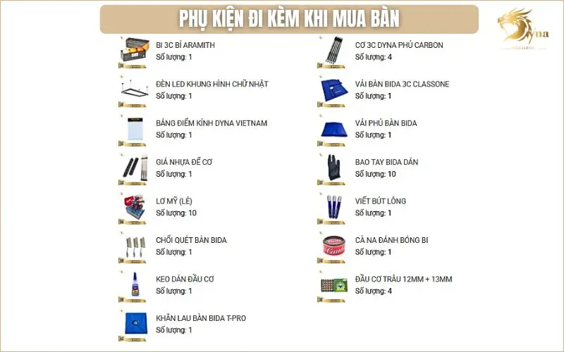 Tổng hợp các phụ kiện tặng kèm khi mua bàn bida chuyên nghiệp Libre DYNA INFINITY | Dyna Vietnam