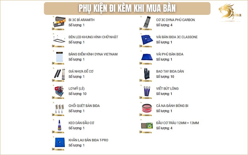 Các phụ kiện kèm theo khi mua bàn bida Libre DYNA LIBERTY chính hãng tại DynaVietnam