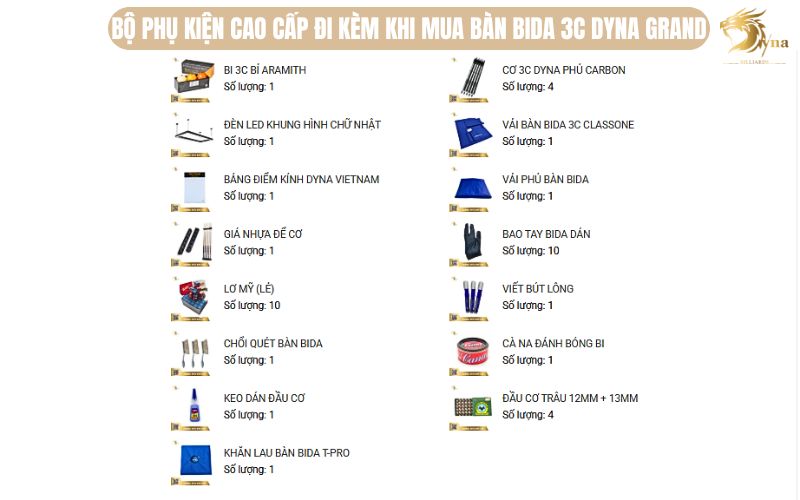 Tổng hợp các phụ kiện đi kèm với bàn bida DYNA MAJESTIC tại Dyna Vietnam