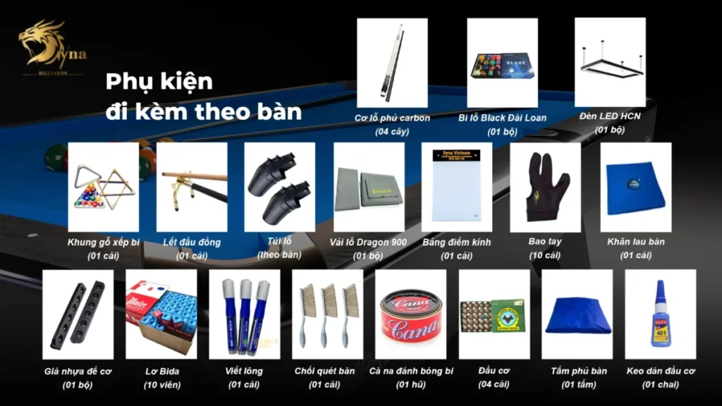 Bộ phụ kiện kèm theo khi mua bàn bida lỗ DYNA chính hãng